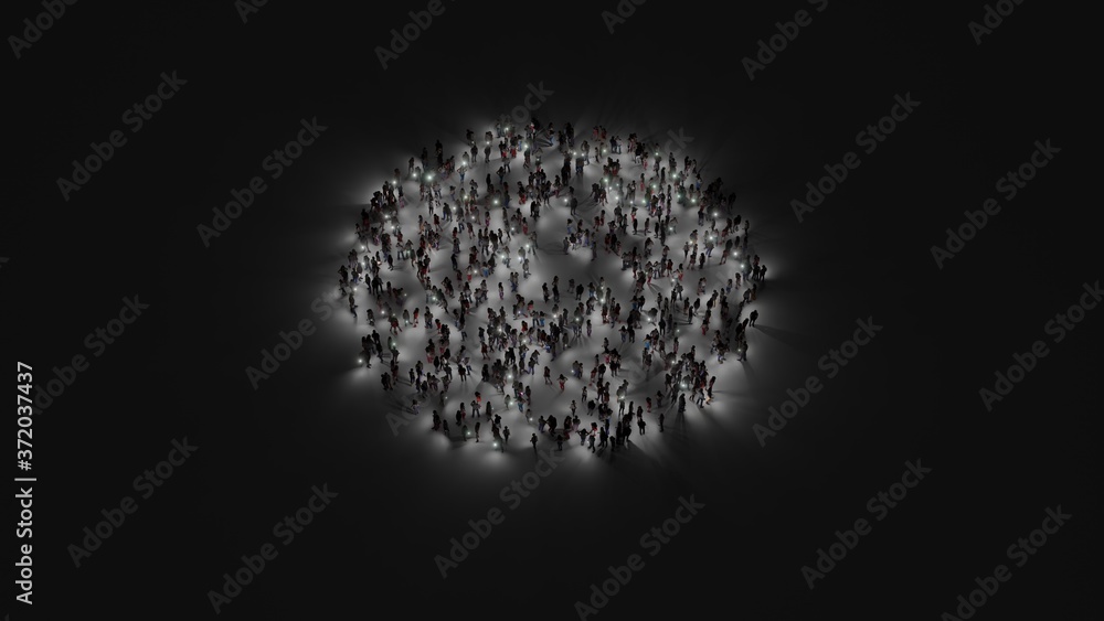 Poster 3d rendering of crowd of people with flashlight in shape of symbol of wall clock on dark background