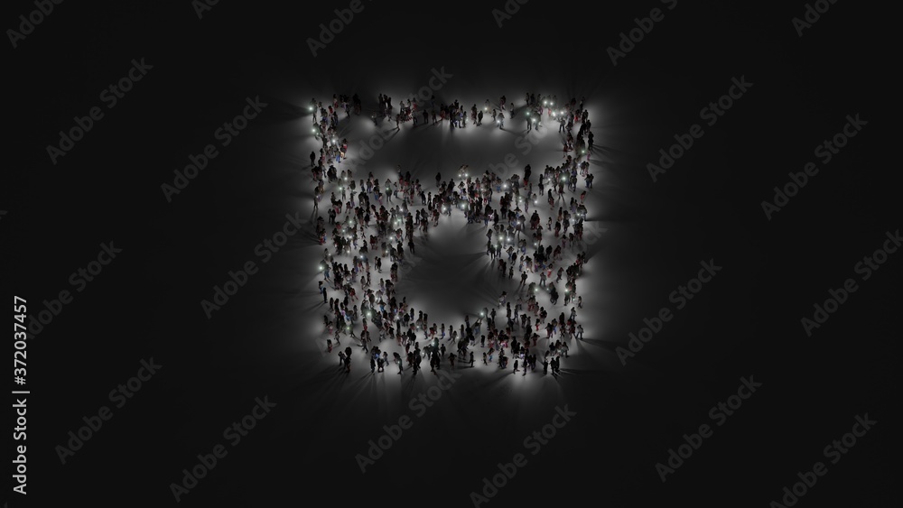 Poster 3d rendering of crowd of people with flashlight in shape of symbol of water on dark background