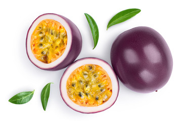 passion fruits and half isolated on white background. maracuya with clipping path. Top view. Flat lay - obrazy, fototapety, plakaty
