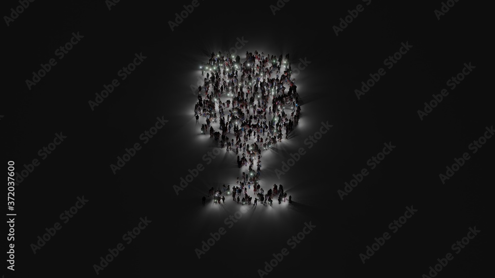 Poster 3d rendering of crowd of people with flashlight in shape of symbol of wine glass on dark background
