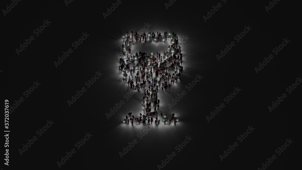 Poster 3d rendering of crowd of people with flashlight in shape of symbol of wine glass alt on dark backgro
