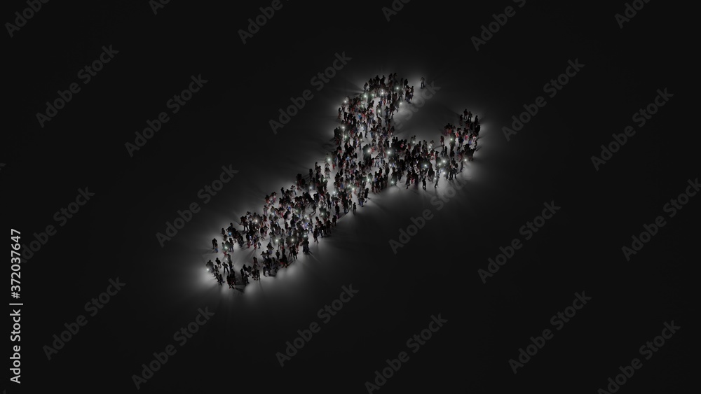 Aufkleber 3d rendering of crowd of people with flashlight in shape of symbol of wrench on dark background