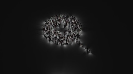 3d rendering of crowd of people with flashlight in shape of symbol of magnifier zoom in on dark background