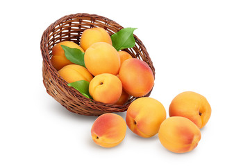 apricot fruit in Wicker basket isolated on white background. Clipping path and full depth of field