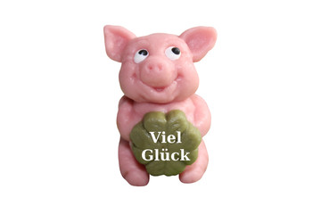 Ein Marzipanschwein mit dem deutschen Text Viel Glück