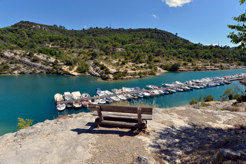 Fototapeta na wymiar Port in lake of Esparron-de-Verdon, a commune in the Alpes-de-Haute-Provence department in southeastern France. 
