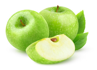 Isolated apples. Two whole green apples and a slice isolated on white background