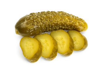 Marinated pickled cucumber isolated on white background with clipping path and full depth of field. Top view. Flat lay