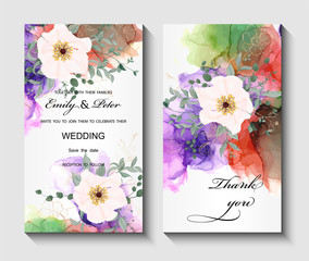 Modern creative design,  background marble texture with flowers. Wedding invitation.  Alcohol ink. Vector illustration.