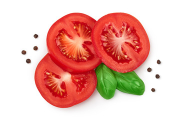Tomato slices with basil and peppercorns isolated on white background. Clipping path . Top view. Flat lay