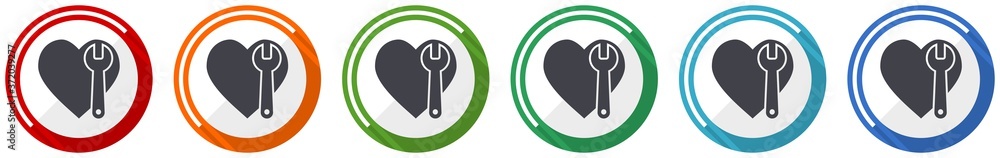 Poster wrench and heart icon set, flat design vector illustration in 6 colors options for webdesign and mob