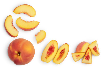 Fototapeta na wymiar ripe peach isolated on white background with clipping path. Top view with copy space for your text. Flat lay pattern