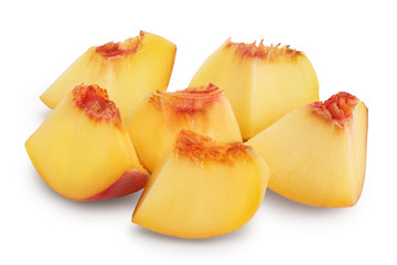 Naklejka na ściany i meble Ripe peach fruit slices isolated on white background with clipping path and full depth of field
