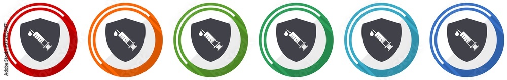 Poster vaccine shield concept icon set, flat design vector illustration in 6 colors options for webdesign a