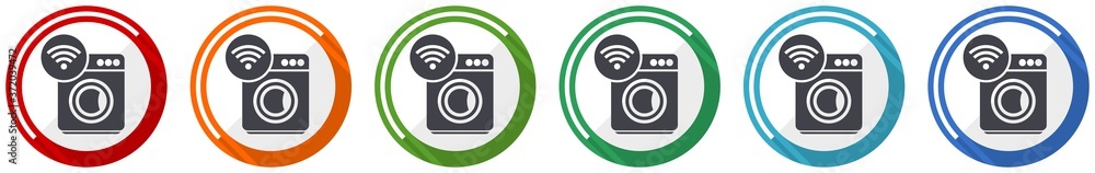 Aufkleber Washing machine, internet, wifi icon set, flat design vector illustration in 6 colors options for webdesign and mobile applications