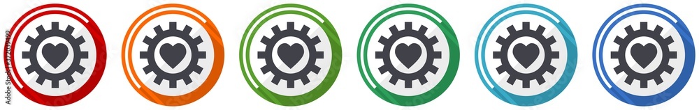 Aufkleber Heart in cogwheel icon set, flat design vector illustration in 6 colors options for webdesign and mobile applications