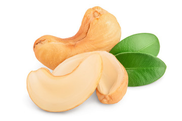 Roasted Cashew nuts with leaf isolated on white background with clipping path and full depth of...