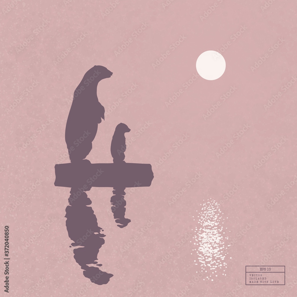 Poster polar bears family on ice floe. animal mother and baby isolated silhouettes reflected in water. whit