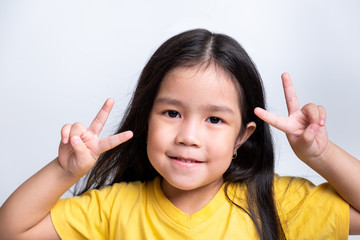 positive emotion of children, happiness, smiling, laughing, enjoy on white background. lovely relationship of brother and sister. portrait of children's feeling