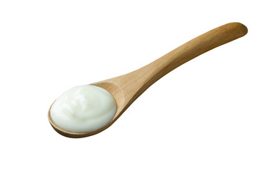 yogurt on spoon wooden isolated on white background