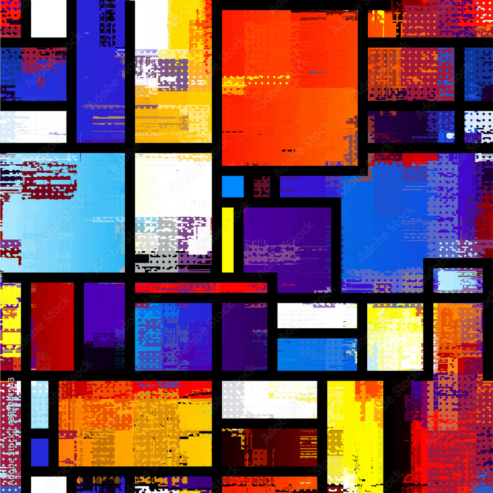 Poster Grunge geometric pattern in patchwork block design Mondrian style. Seamless vector geometric pattern.