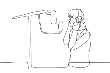 vector illustration girl in the process of recording. One continuous line drawing Professional voice recording (voiceover, track recording).