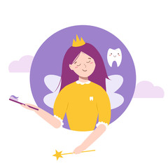 Cute tooth fairy in cartoon style. Smiling young girl holds toothbrush. Healthy teeth concept. Funny banner for children's dental clinic. Wings and magic wand. Isolated vector illustration