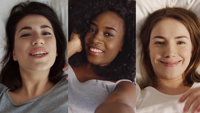 Collage of multi-ethnic diverse women in good mood at home. POV of beautiful Caucasian girl lying in bed. Close up of pretty joyful African American young female giving air kisses. Selfie foto concept