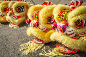 Chinese Yellow Dragon costume heads sitting in a row on the ground