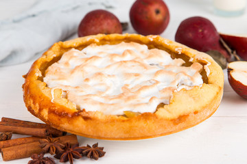 Pear delicious pie, homemade pastry with cinnamon, sweet dessert for breakfast. Copy space.