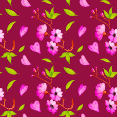 Seamless watercolor pattern of branches of apple, sakura with leaves and flowers.