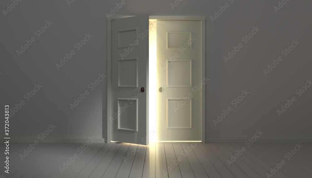Aufkleber open door with light flooding in the room. concept of opportunity. 3d render / rendering.