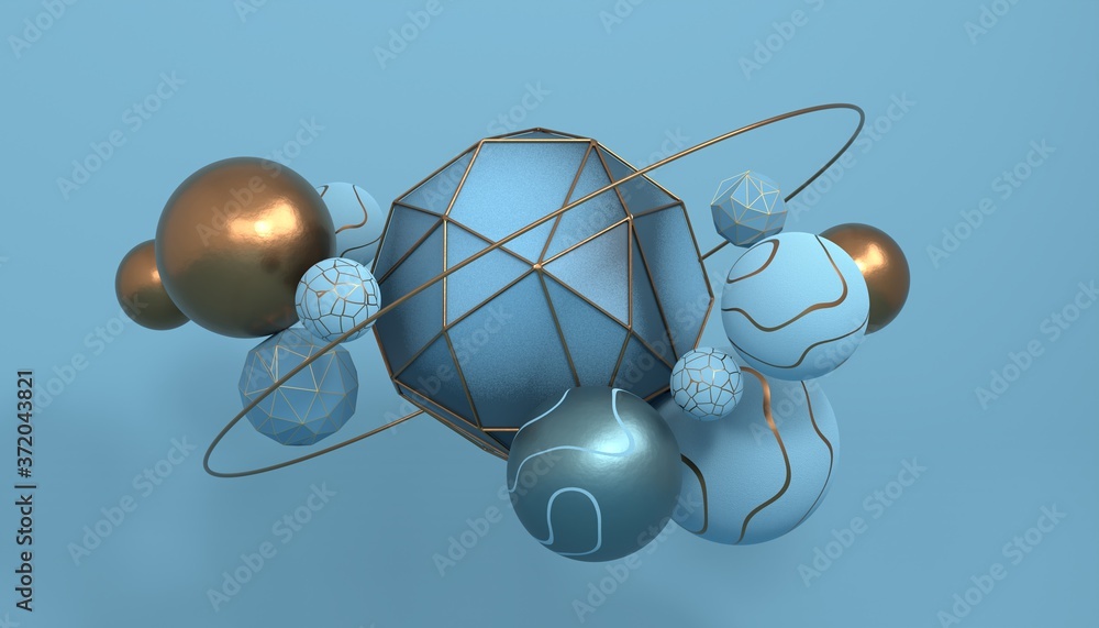 Poster abstract composition with blue and gold geometric shapes. 3d render / rendering.
