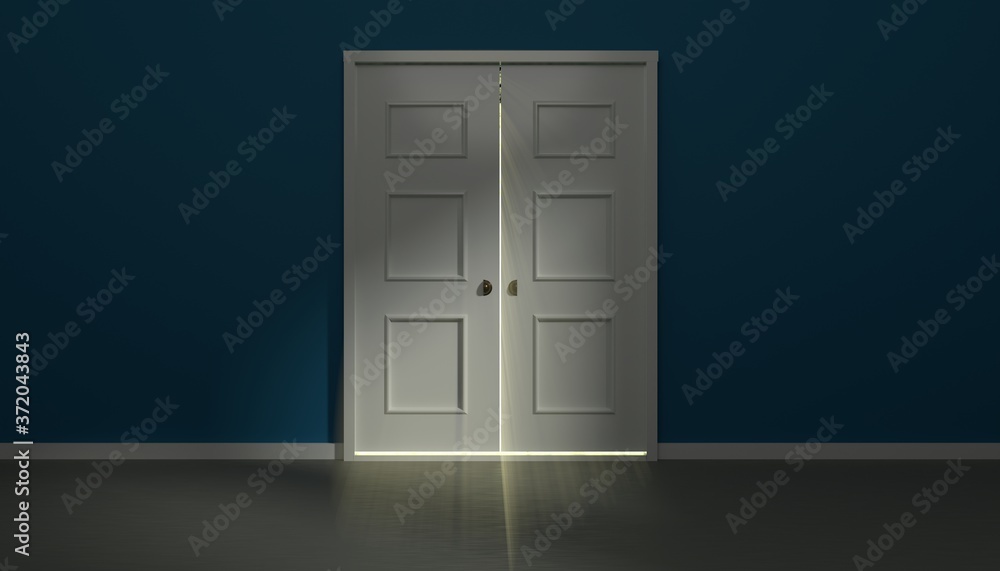 Poster mysterious light shining through closed doors. 3d render / rendering.
