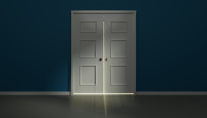 Mysterious light shining through closed doors. 3D render / rendering.