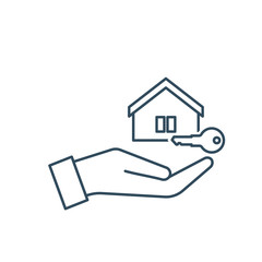 Fototapeta na wymiar Hand holding house and key. Real Estate Vector Template. Hand Holding House Symbol. Buying a new house. Real estate agent giving a home keys to a buyer