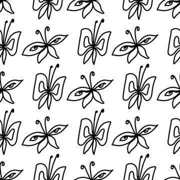 Beautiful cartoon illustration with black seamless butterfly for textile design. Tropical nature seamless pattern. Summer background.