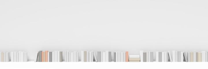 Row of multiple books in front of white wall in room with white floor, literature, book collection or bookshop concept