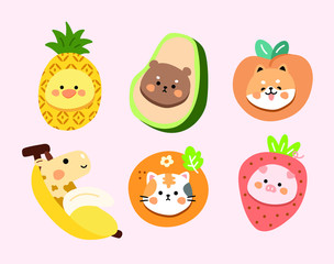 set funny animal in fruit avocado, pineapple, pear, orange, peach ,banana , strawberry character.