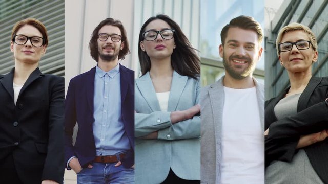 Collage of many Caucasian office workers outdoors. Beautiful female in suit looking away. Handsome man in glasses in good mood. Businesswoman standing on street. Male employee smiling Business concept