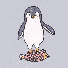 Penguin vector on white background. Flat cartoon vector illustration. Vector doodle illustration. Funny cartoon character.