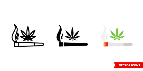 Cannabis marijuana ganja smoking icon of 3 types color, black and white, outline. Isolated vector sign symbol.