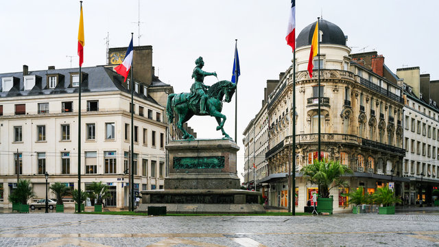 ORLEANS, FRANCE - JULY 9, 2010: view of square Place du Martroi with monument of Jeanne d'Arc in Orleans city. Orleans is the capital of the Loiret department and of the Centre-Val de Loire region