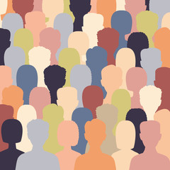 Obraz premium Diverse multicultural group of people standing together (europian, asian, american). Human social diversity crowd vector illustration. Concept of diversity men and women silhouettes.