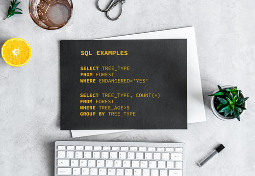 SQL (Structured Query Language) examples with simple query structure, learning SQL / IT skills, database programming, data analytics