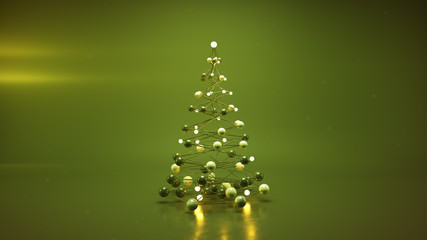 Futuristic green christmas tree with glowing balls 3D render