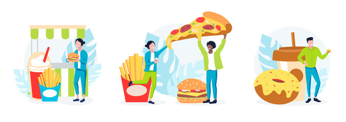 Vector concept of local food event. Tiny people eating different fast food
