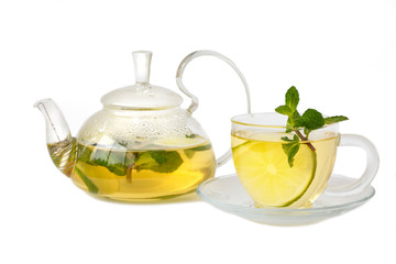Green tea with lime and mint in a glass jar. Healthy lifestyle. Proper nutrition. Vitamins and antioxidants.