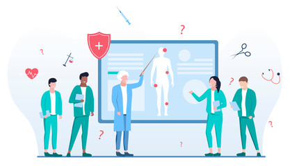 Vector illustration of lecture in medical school. Senior professor teaching students human anatomy and medicine in university