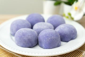 Purple color taro or yam mochi japanese dessert